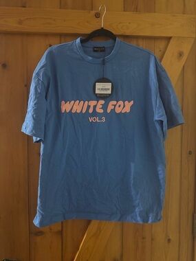 White Fox Boutique Blue Tee with Pink Logo